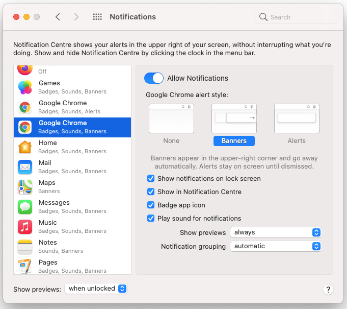 mac notifications Google Chrome enabled