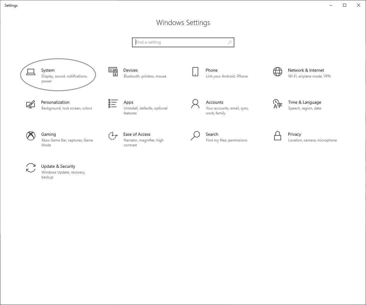 windows settings with system circled