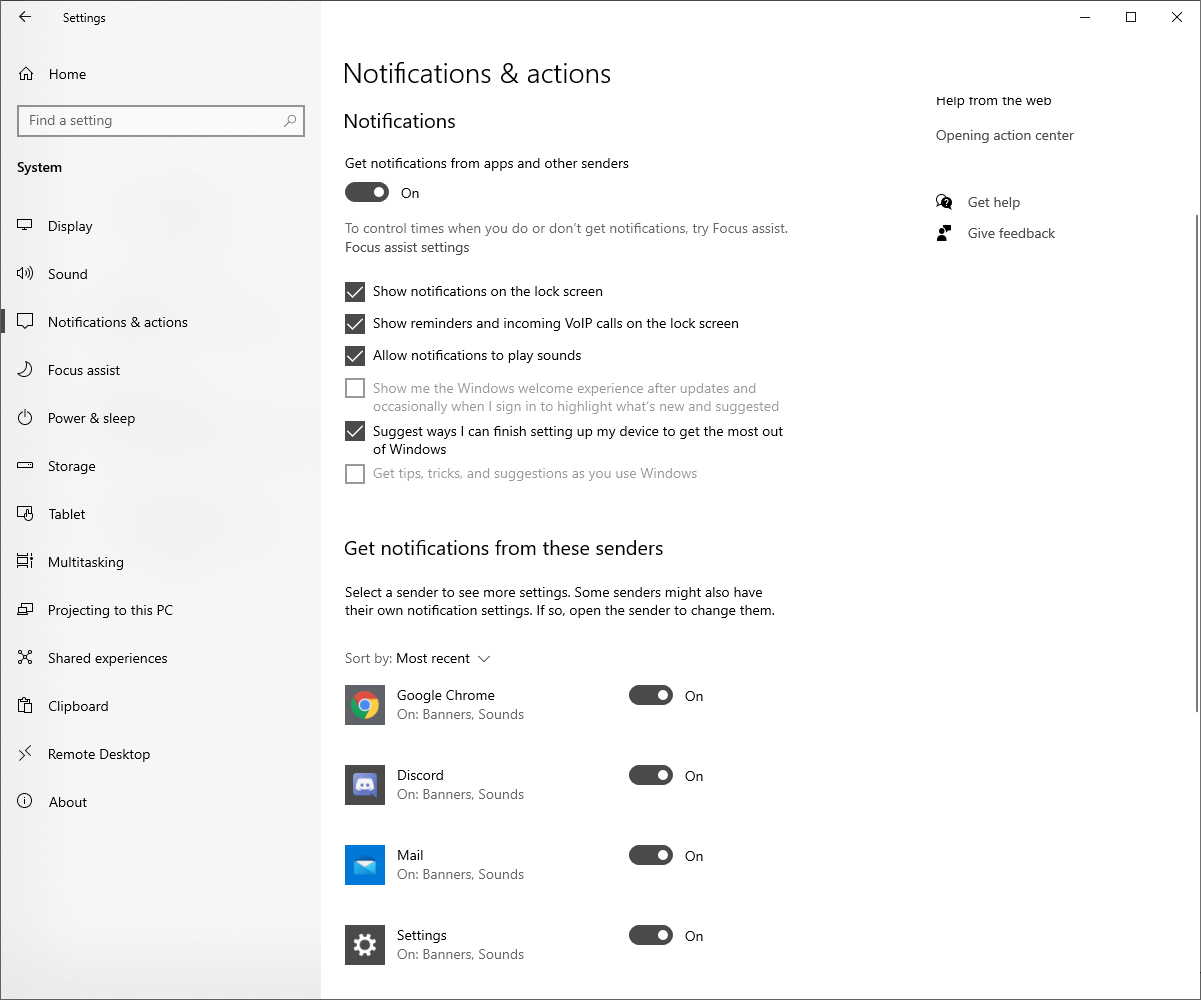 windows notifications and actions enabled